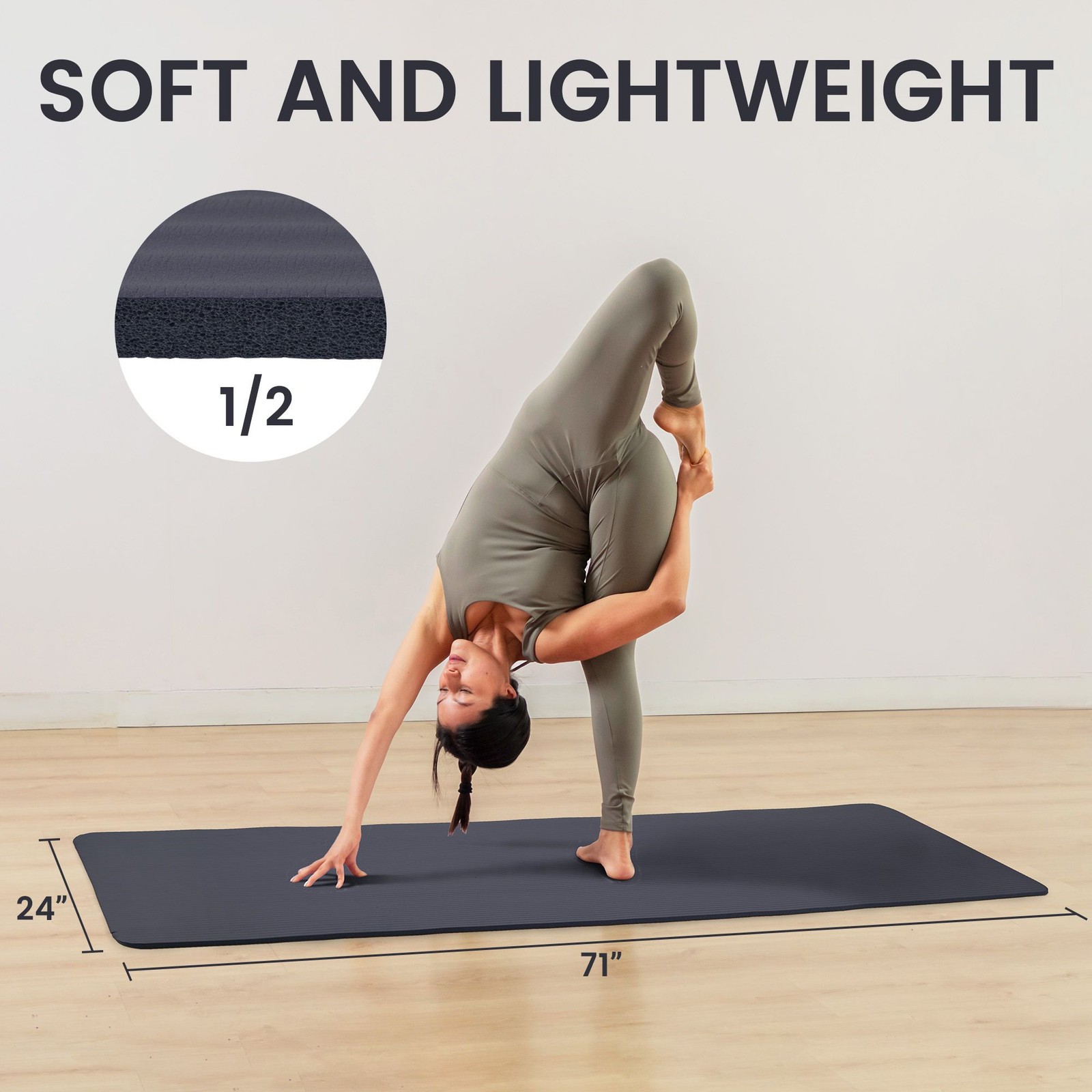 Fitvids 1/2″ Thick High Density Exercise Yoga Mat, Carrying Strap, Graphite