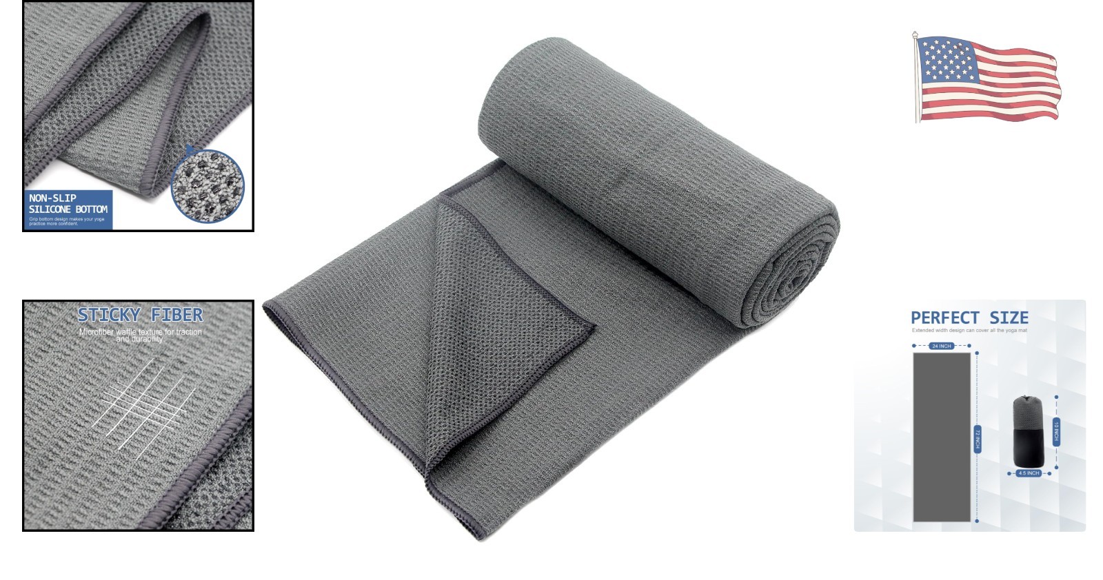 Elegant Non-Slip Yoga Towel 72”x24” – Microfiber with Superior Grip Dots in Grey