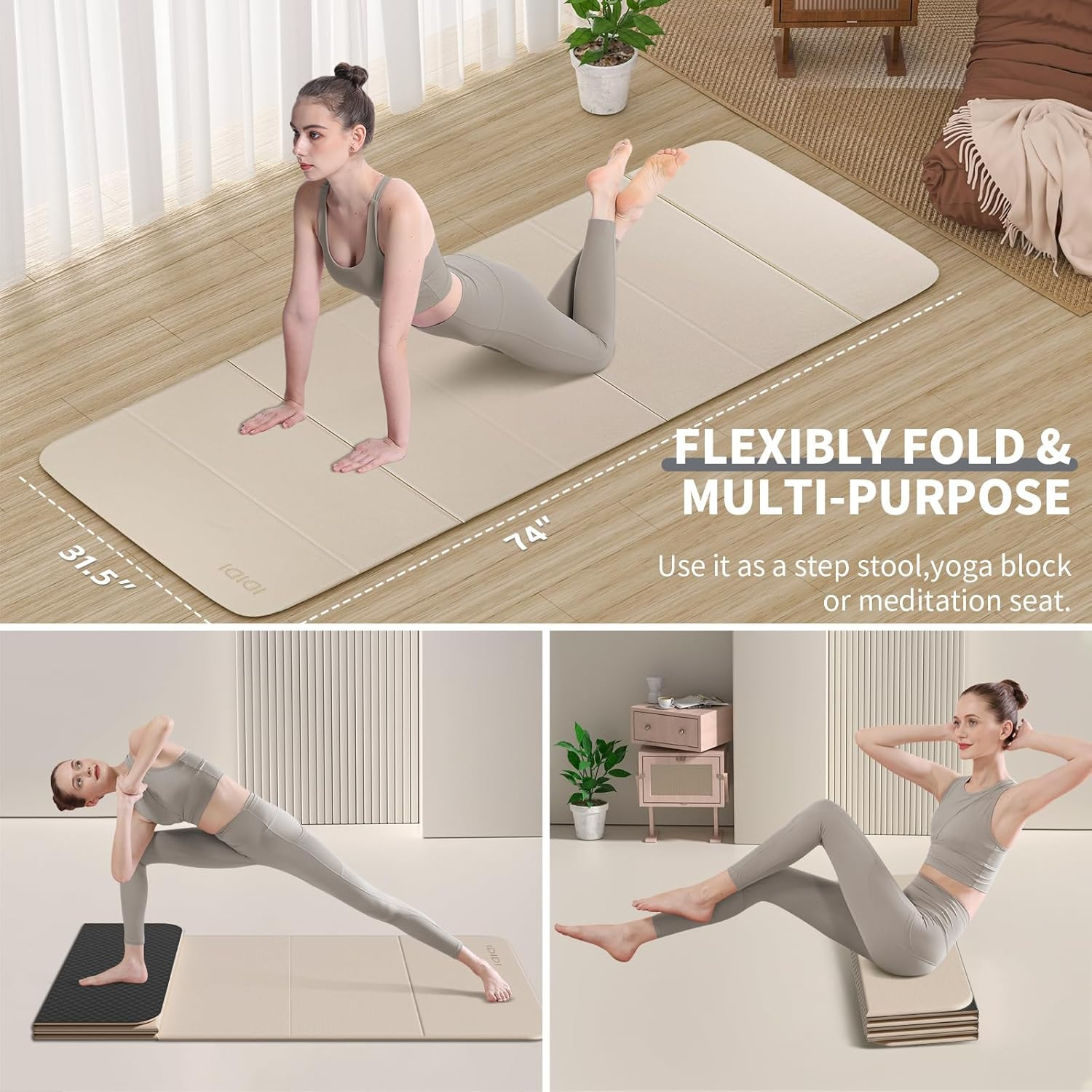 Foldable Extra Large Yoga Mat 74″×31.5″, 8Mm Double-Sided Non Slip Lightweight F