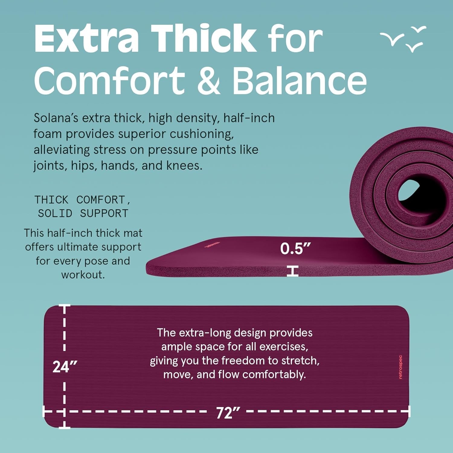Solana Yoga Mat 1/2in Thick – Non-Slip Workout Mat 72x24in