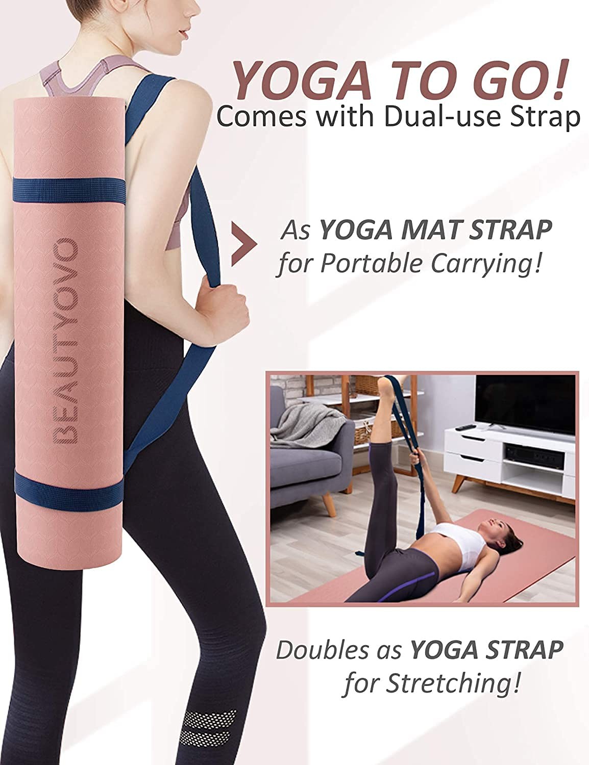 Yoga Mat with 72” x 24” x 1/3” (Regular Version), Cherry Pink & Navy Blue