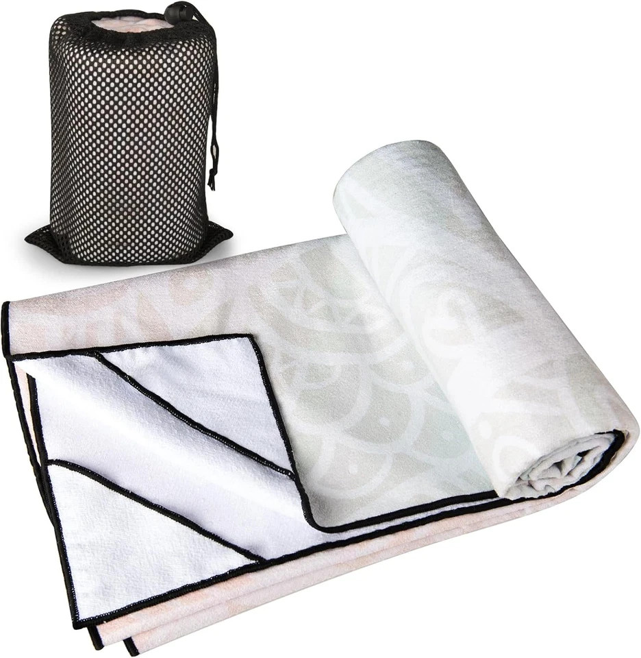 Yoga Towel with Corner Pockets, Non Slip Grip Dots Sweat Absorbent Hot
