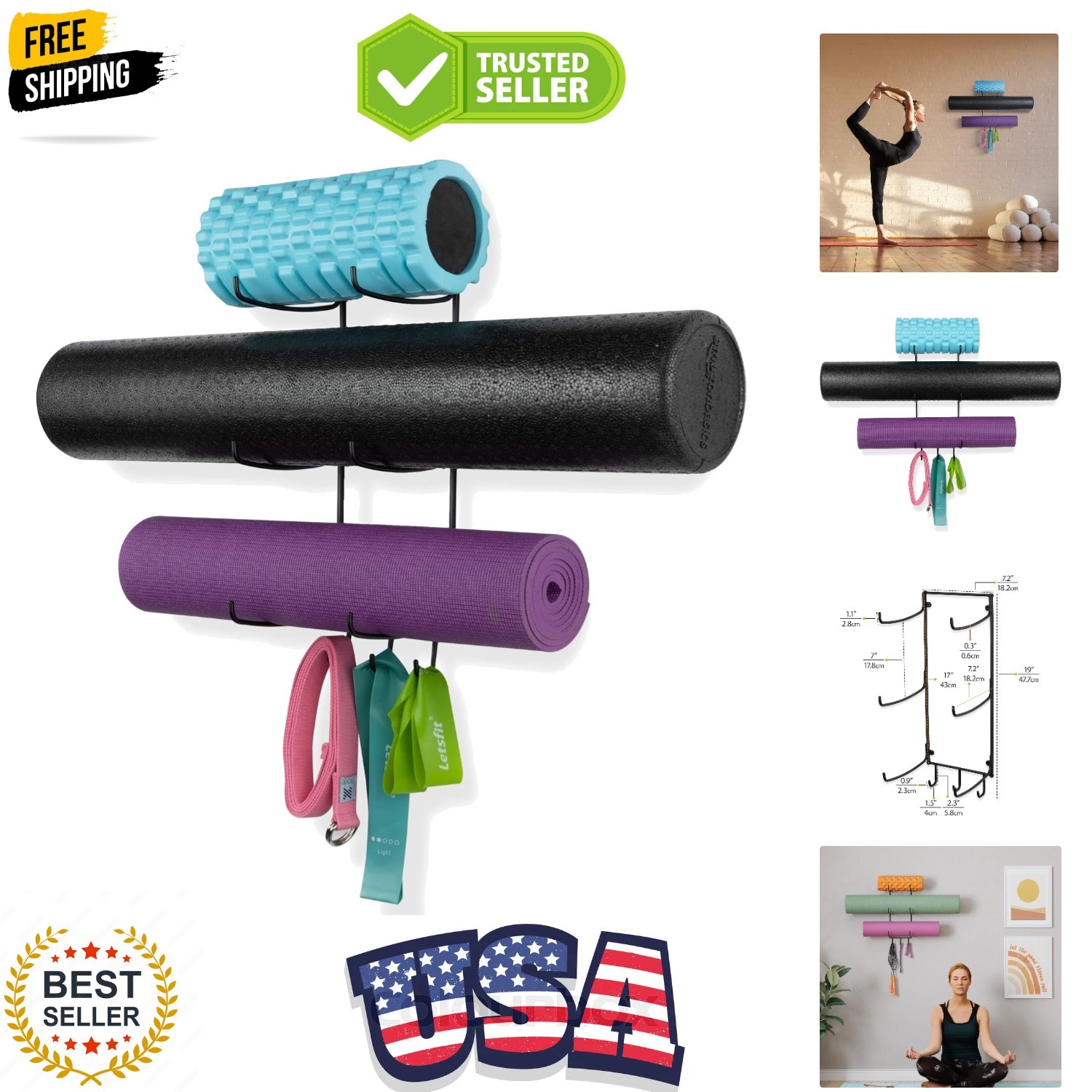 Guru Yoga Mat Holder Wall Mount with 3 Hooks for Hanging Yoga Strap, Resistan…