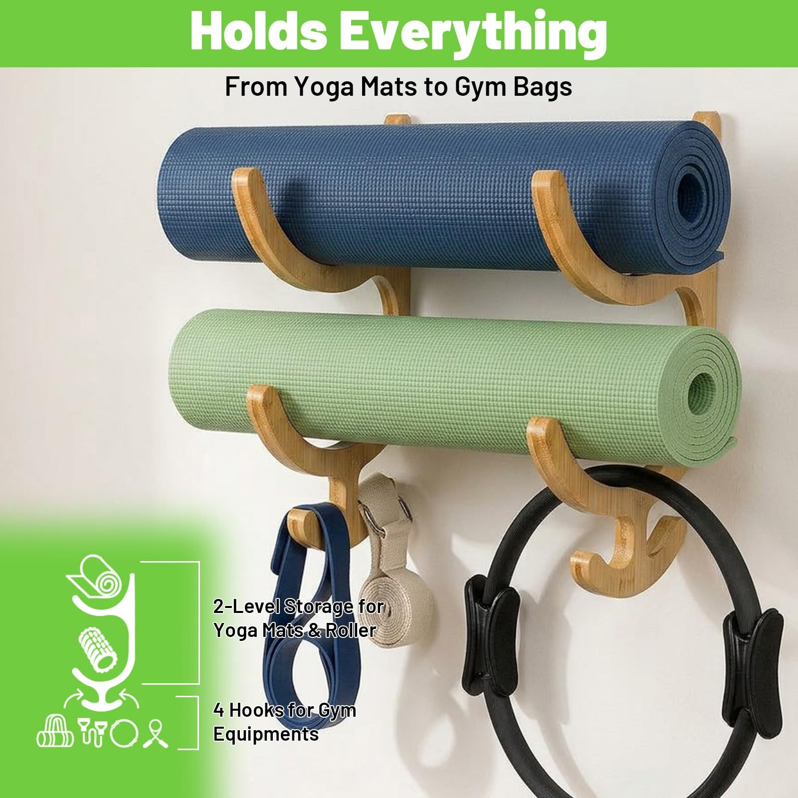 Wooden Yoga Mat Storage Rack Wall Mount, Yoga Mat Holder Hanging Hooks for Ho…