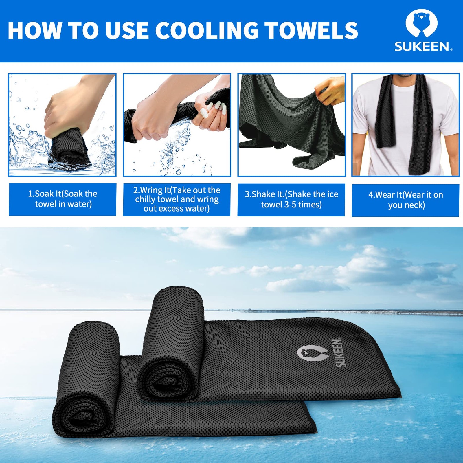 Sukeen [4 Pack Cooling Towel (40″x12″), Soft Breathable 40″ x 12″, Black