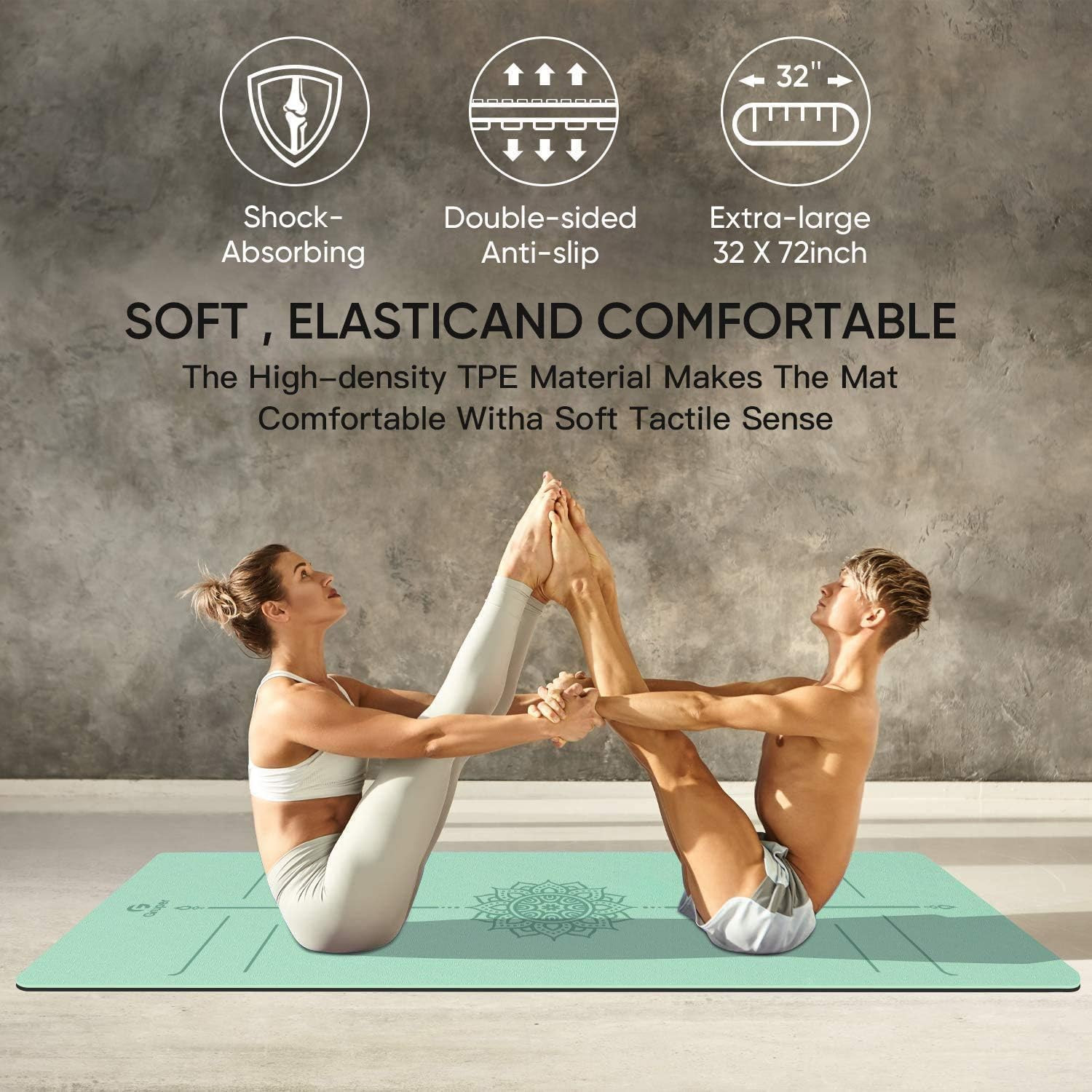 Yoga Mat Non Slip TPE Extra Wide Yoga Mat with Alignment Mark, 72″L X 32″W X 0.3