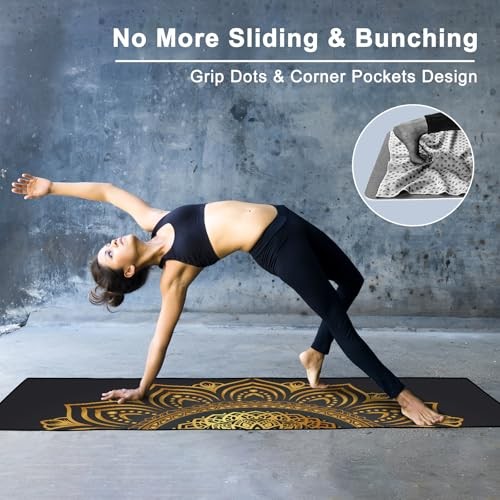 Large Yoga Towel with Corner Pockets, Non Slip Grip 74″ x 26″ Gold Mandala