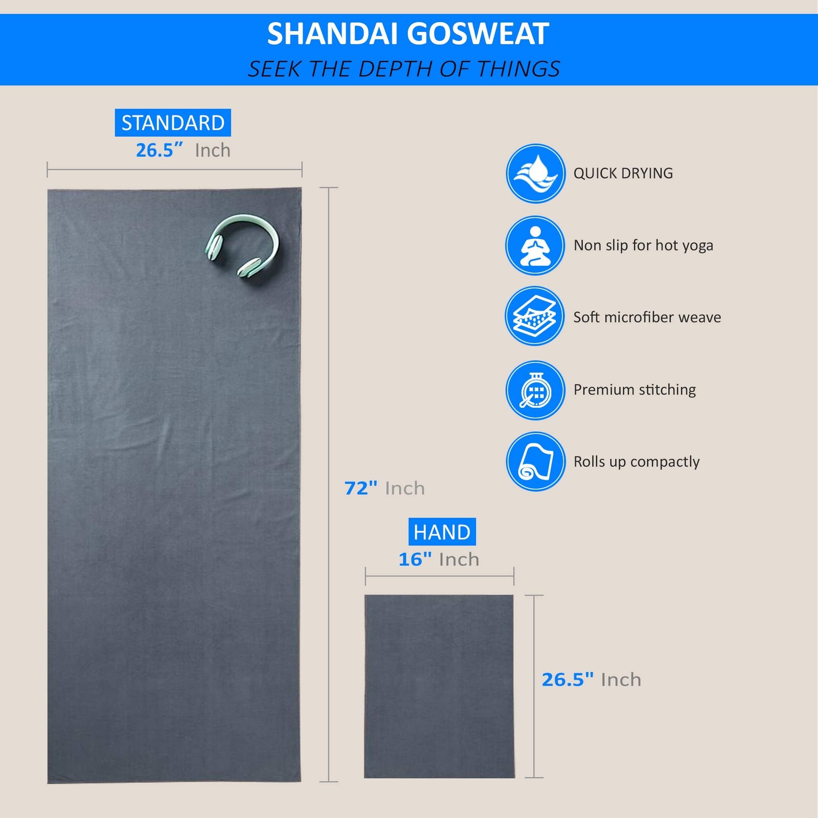Shandali Hot Yoga Towel – Suede – 100 Microfiber Super Absorbent Bikram Yoga
