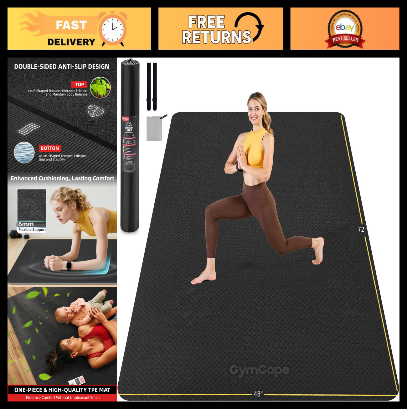 Extra Large Non-Slip Yoga Mat 72″x48″ or 78″x57″, Thick TPE for Home Gym & Pilat