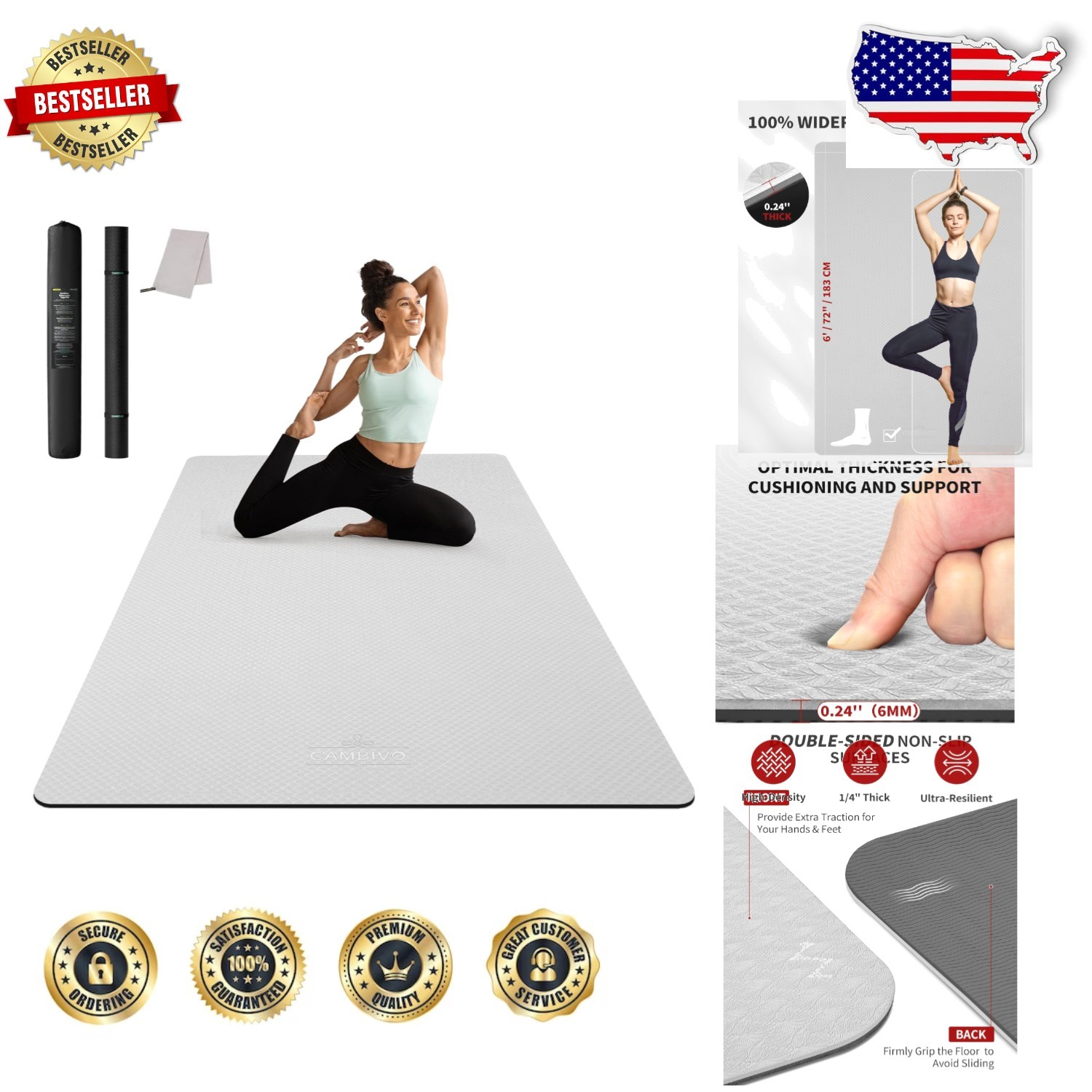 Large Yoga Mat 6’x4′ Extra Wide TPE Thick Workout Fitness Pilates Home Gym