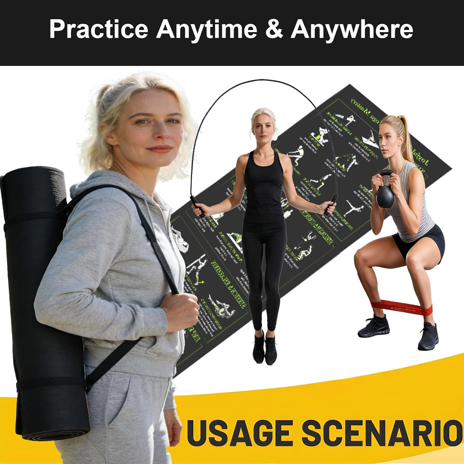 Portable Non-Slip Yoga Mat with Poses, Resistance Bands & Jump Rope Included