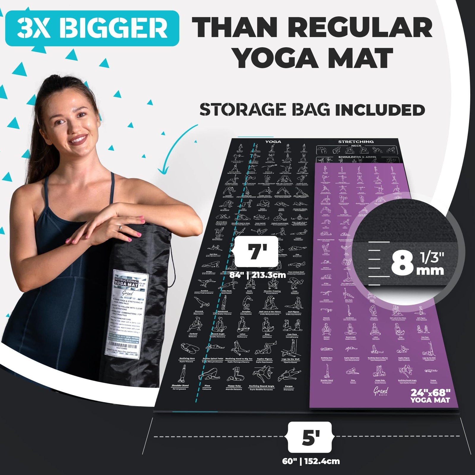 Extra-Large 7′ x 5′ Instructional Yoga Mat with Poses Printed On It – 3X Bigg…