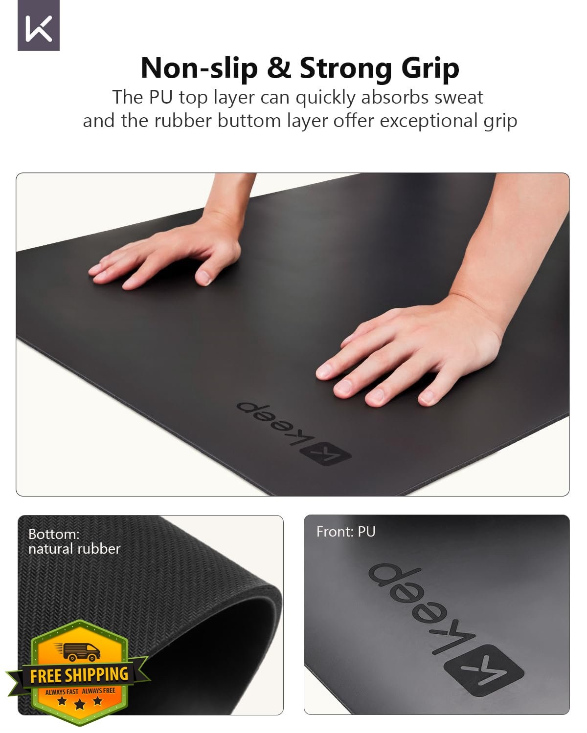 KEEP Black 72″x26″ Yoga Mat PU Rubber