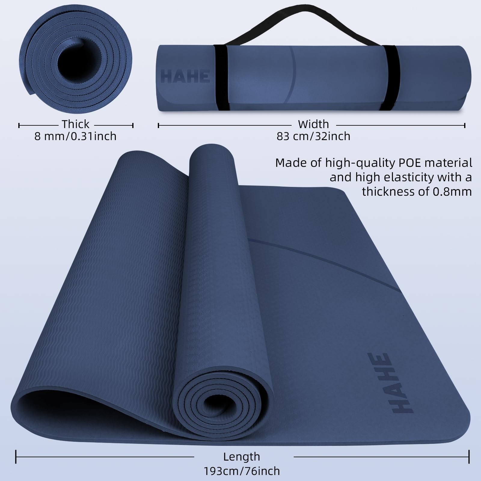 Large Yoga Mat Thick, 76″x32″x0.31″Wide POE 76″ x 32″ x 0.31″, Navy Blue