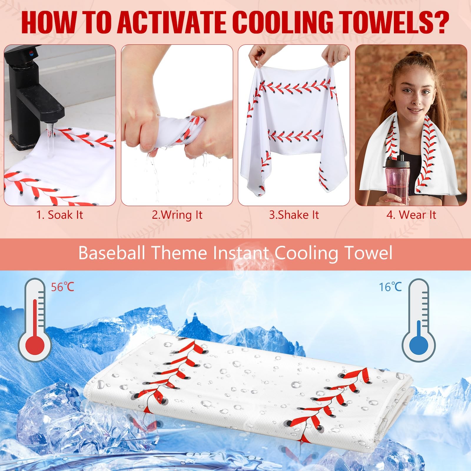 Tegeme 12 Pack Mini Baseball Cooling Towels, 30″x9″ 30″ x 9″, White