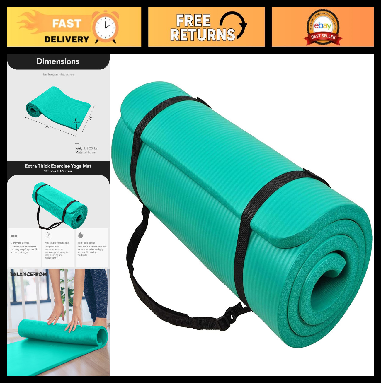 Extra Thick 1-Inch Yoga Mat – High Density, Anti-Tear, Carrying Strap, Multi-Col