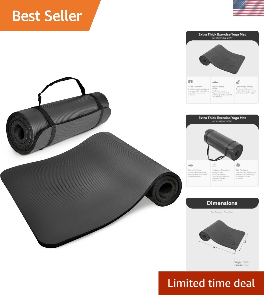 GoCloud Extra Thick Yoga Mat 71×24 Inches – Non-Slip Foam for Comfort & Support