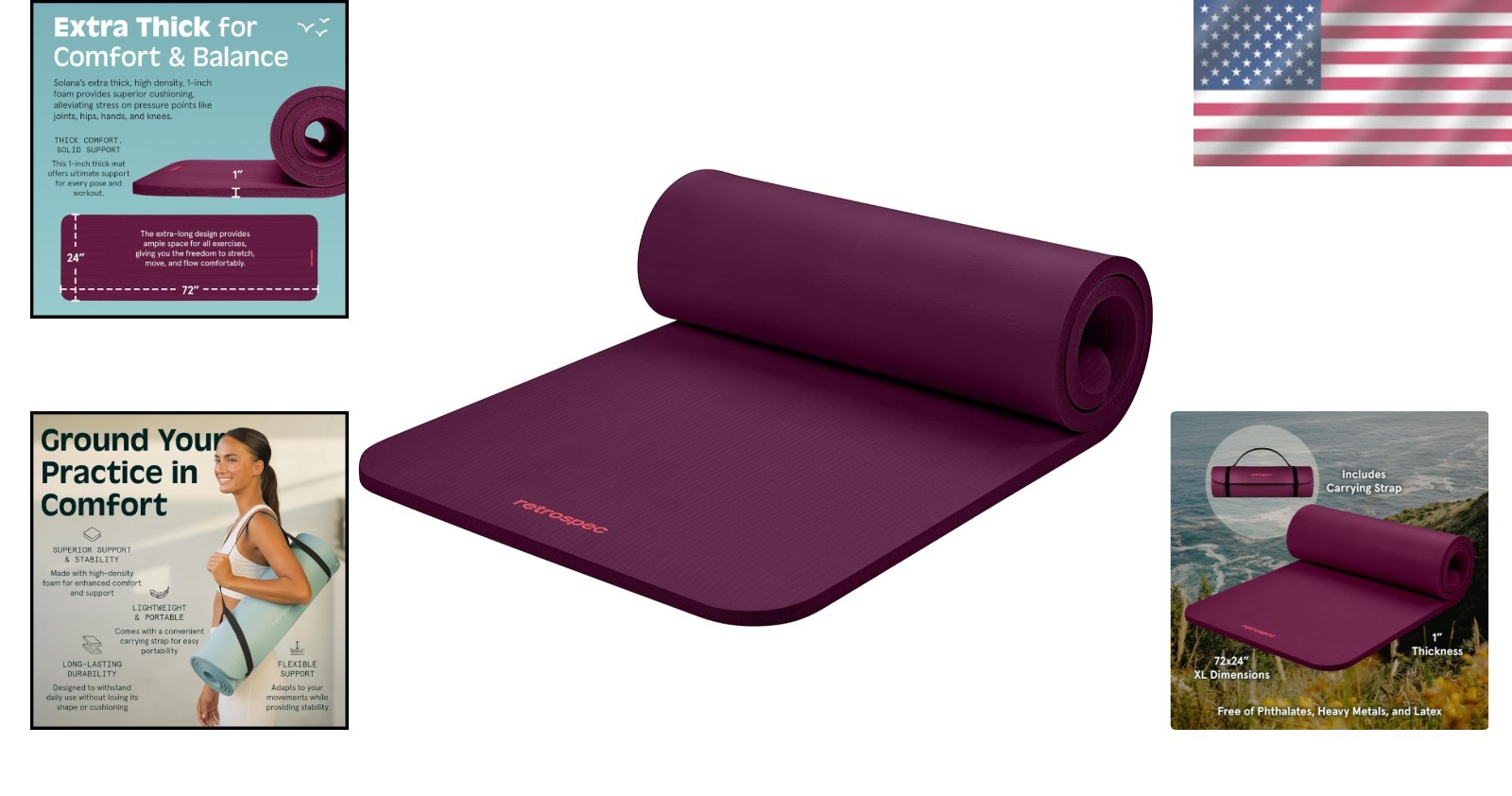 Luxurious Solana 1″ Thick Non-Slip Yoga Mat with Carry Strap – Boysenberry