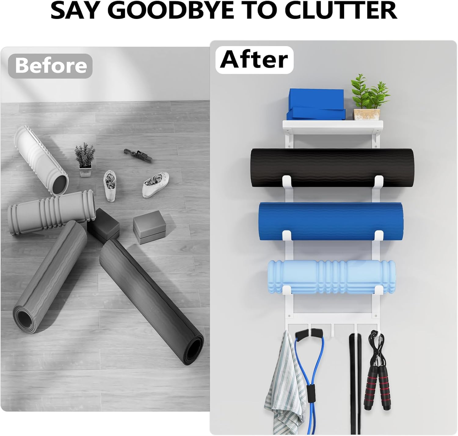 Yoga Mat Holder Wall Mount, White Yoga Mats Storage Rack, Home Gym Storage with
