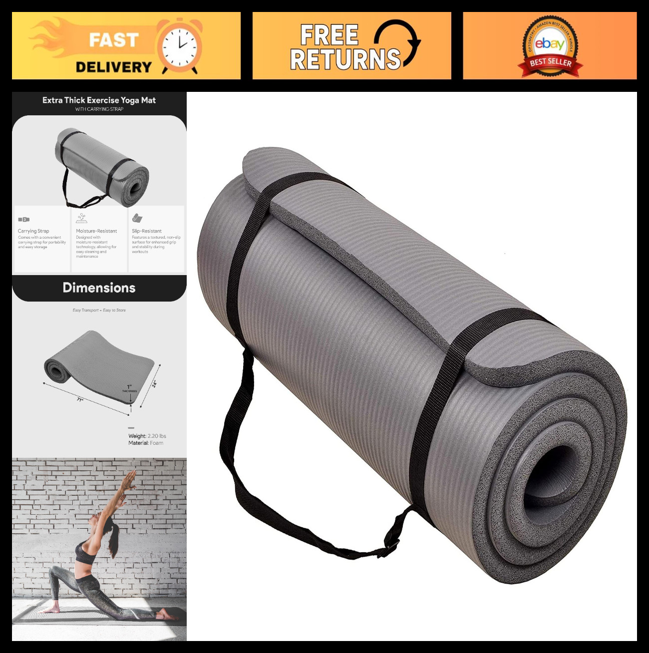 Extra Thick 1-Inch Yoga Mat – High Density, Anti-Tear, Carrying Strap, Multi-Col