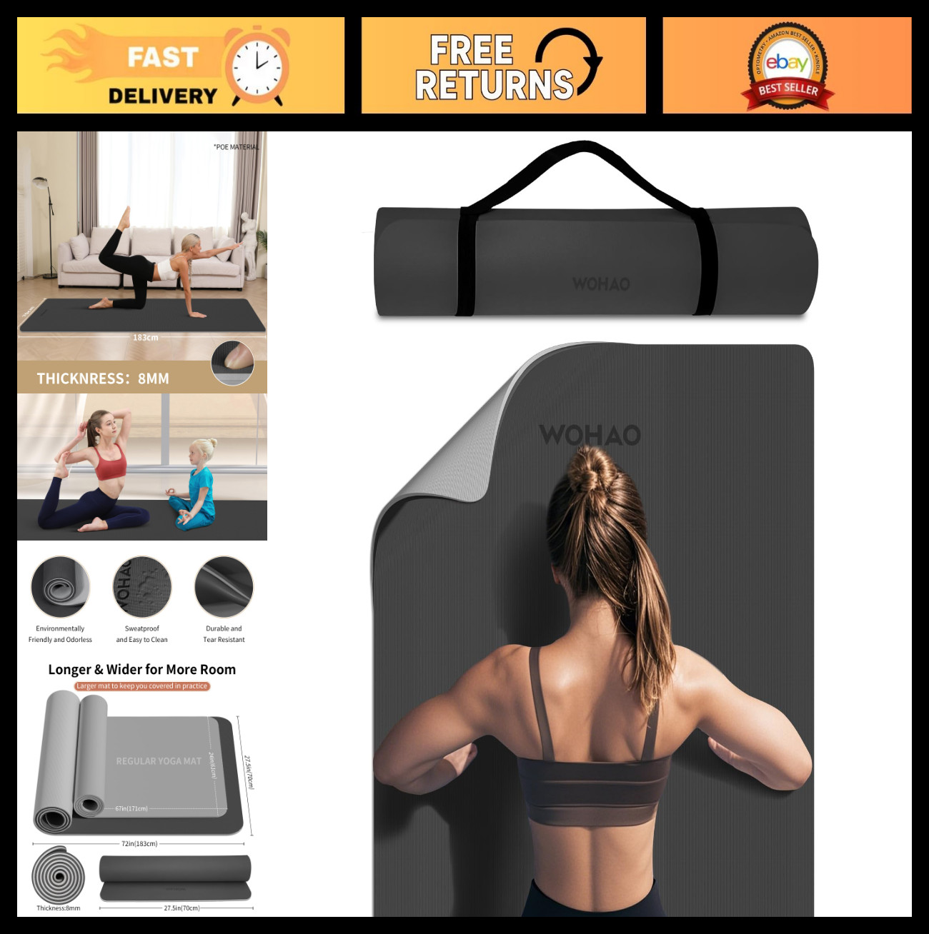 Extra Thick 8mm Non-Slip Yoga Mat 72″x28″ Reversible Dual Color with Carrying St
