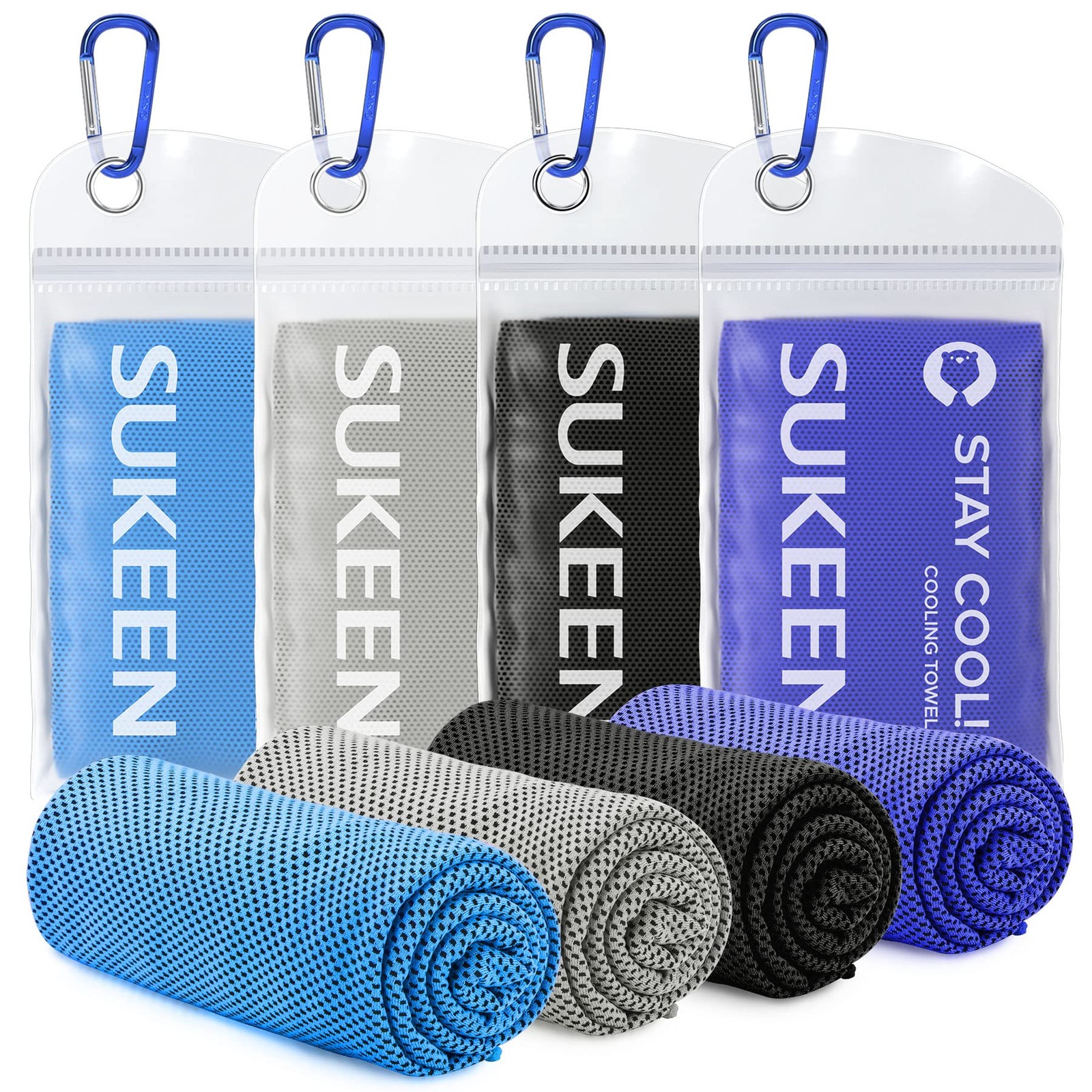 Sukeen 4 Pack Cooling Towels (40″x12″), 40″ x 12″, Blue/Grey/Royal Blue/Black