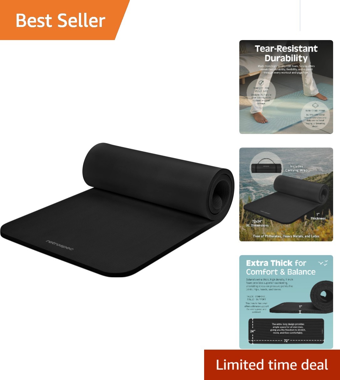 Solana Yoga Mat 72″x24″ – Extra Thick Non-Slip Foam with Carry Strap for Comfort