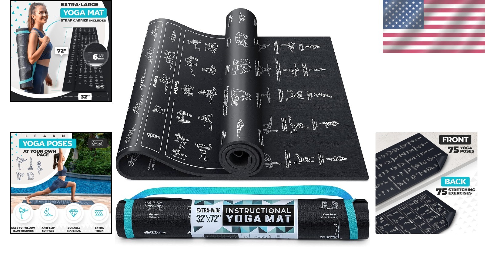 Illustrated Yoga Mat with 75 Poses + Exercises