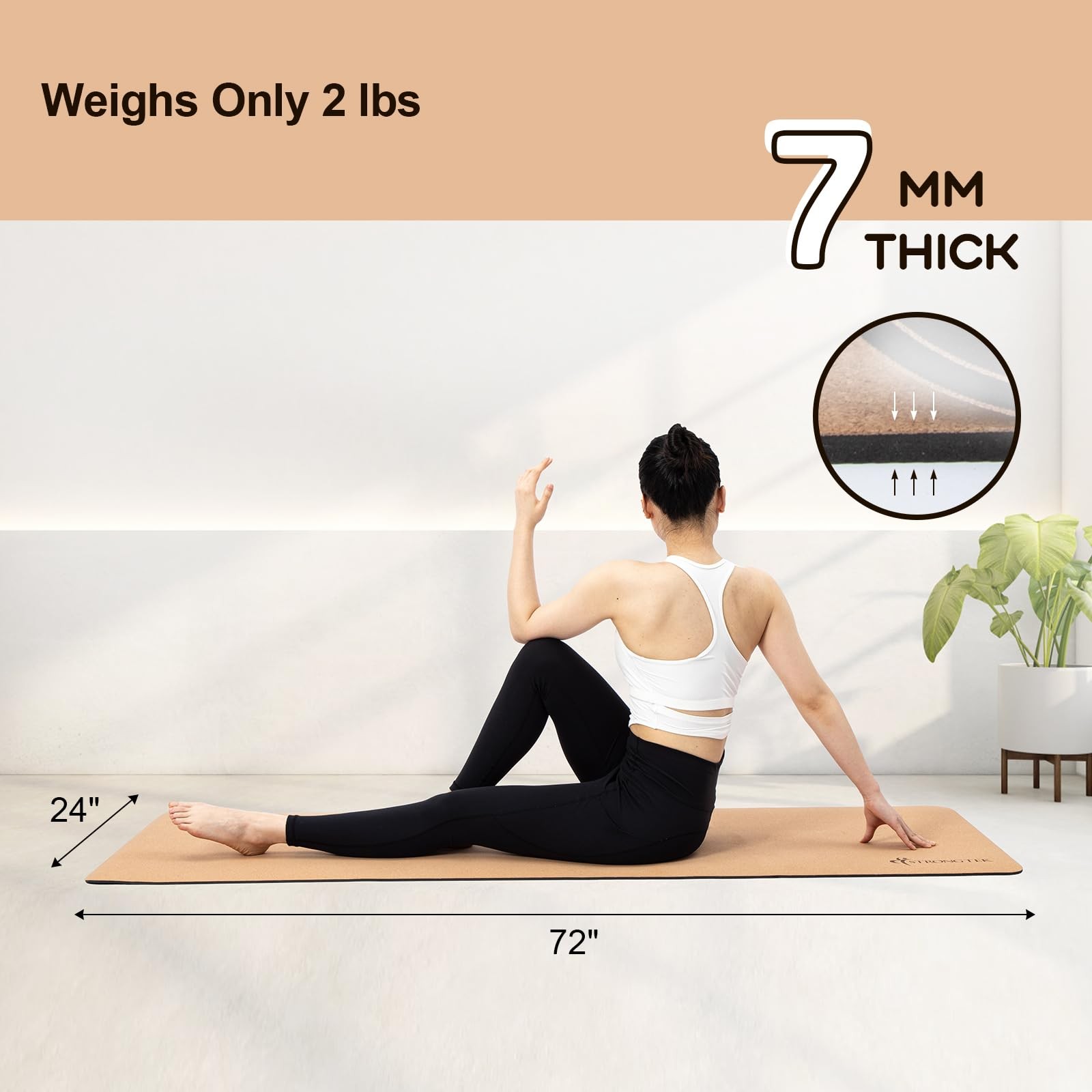 Cork Yoga Mat, Non-Toxic & Eco-Friendly, 7mm Thick with Non-Slip Cork + TPE S…