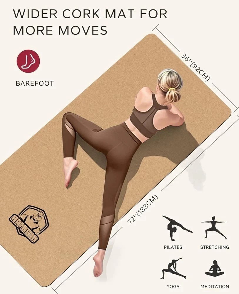 Large Cork Yoga Mat – 72″X36″ Wide Non-Slip for Home Workout, Yoga, Pilates