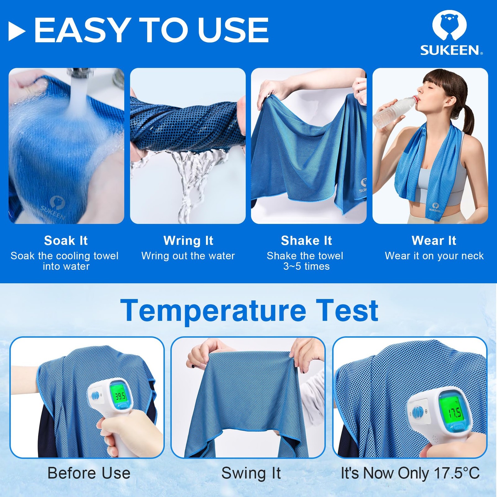 Sukeen 4 Pack Cooling Towels (40″x12″), 40″ x 12″, Blue/Grey/Green/Pink