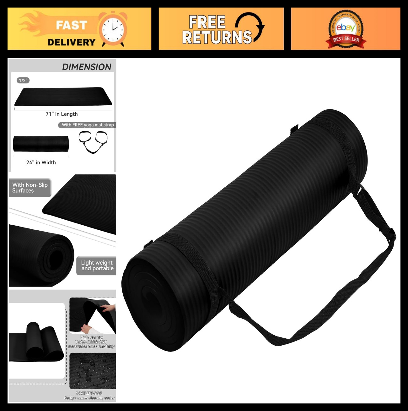 Extra Thick 1/2″ High Density Yoga Mat, Anti-Tear, Carrying Strap, Fitness & Exe