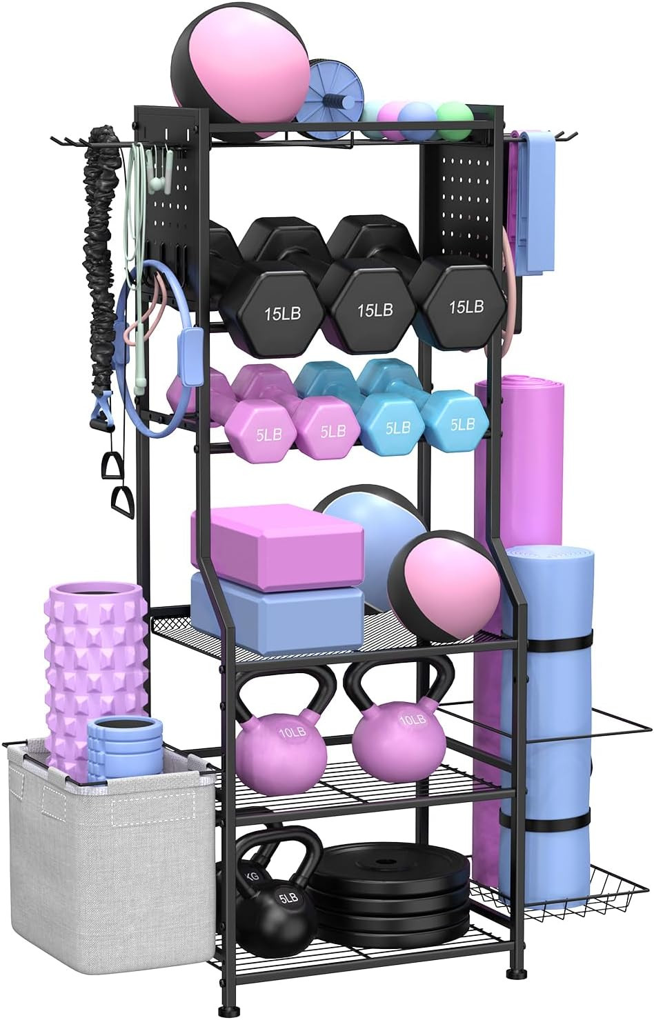 Dumbbell Rack, Home Gym Storage for Kettlebells, Yoga Mat & Strength Training Eq
