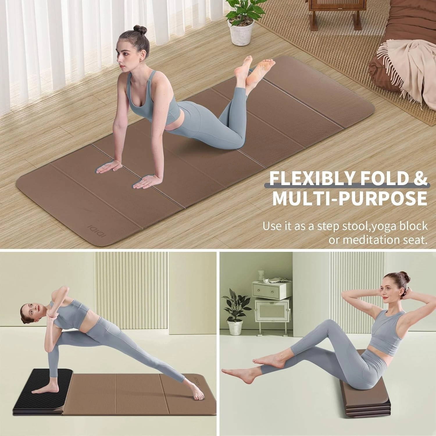Foldable Extra Large Yoga Mat 74″×31.5″, 8mm Double-Sided Non Slip Lightweigh…