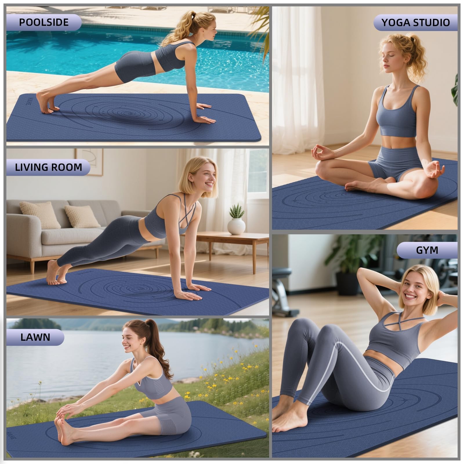 Large Yoga Mat Thick, 76″x32″x0.31″Wide POE 76″ x 32″ x 0.31″, Navy Blue