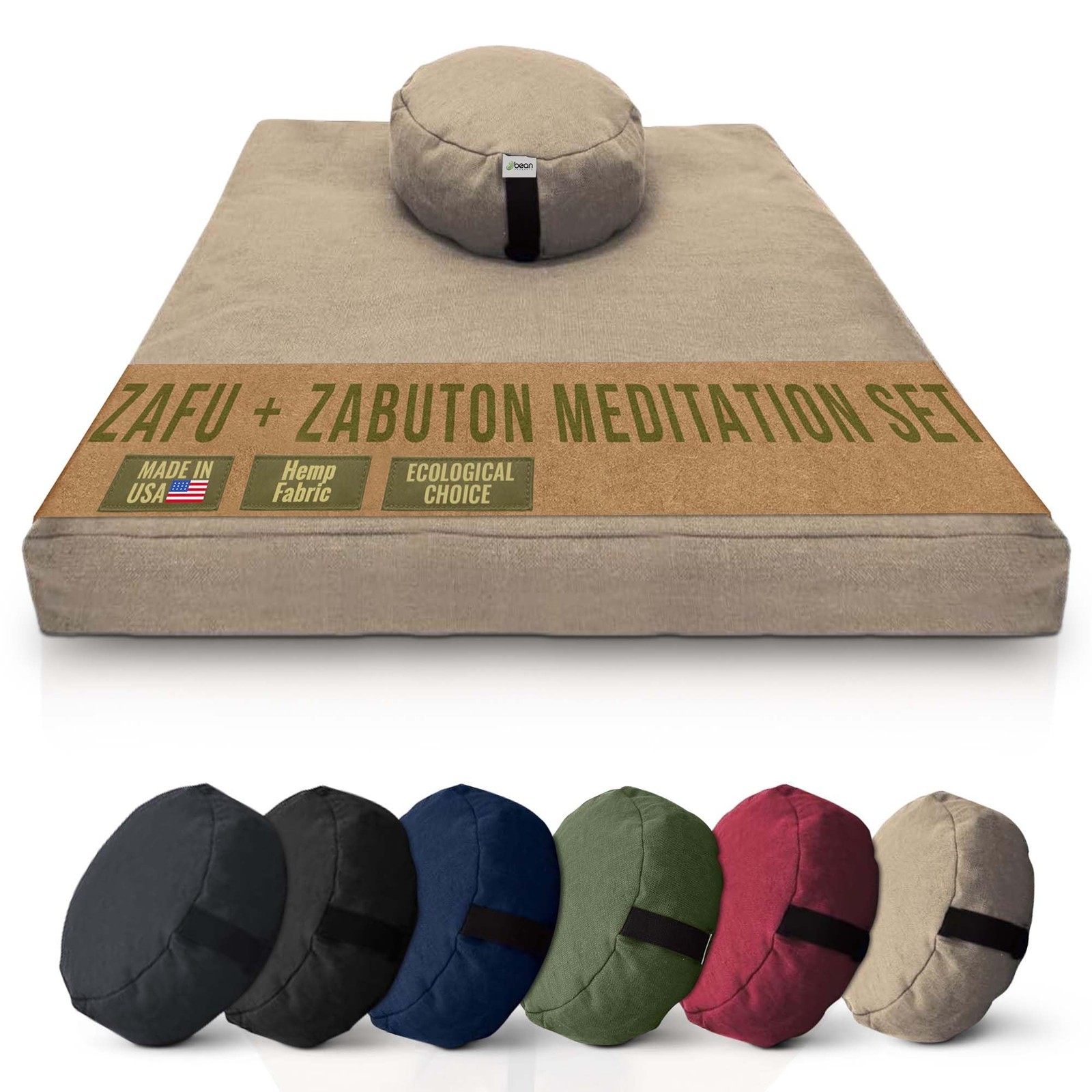 Meditation Cushion Mat Set HEMP – Round Zafu Floor Pillow Organic Buckwheat P…