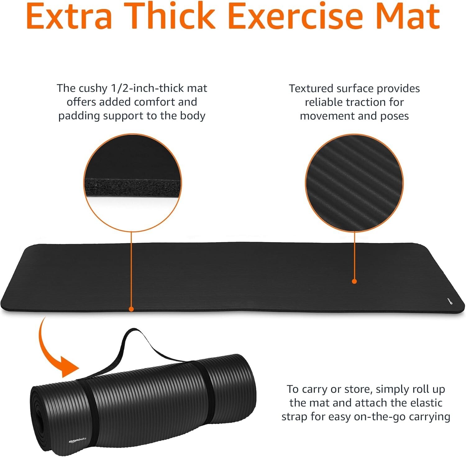 Yoga Black Mat Basics 1/2 Inch Extra Thick Exercise Yoga Mat with Carrying Strap