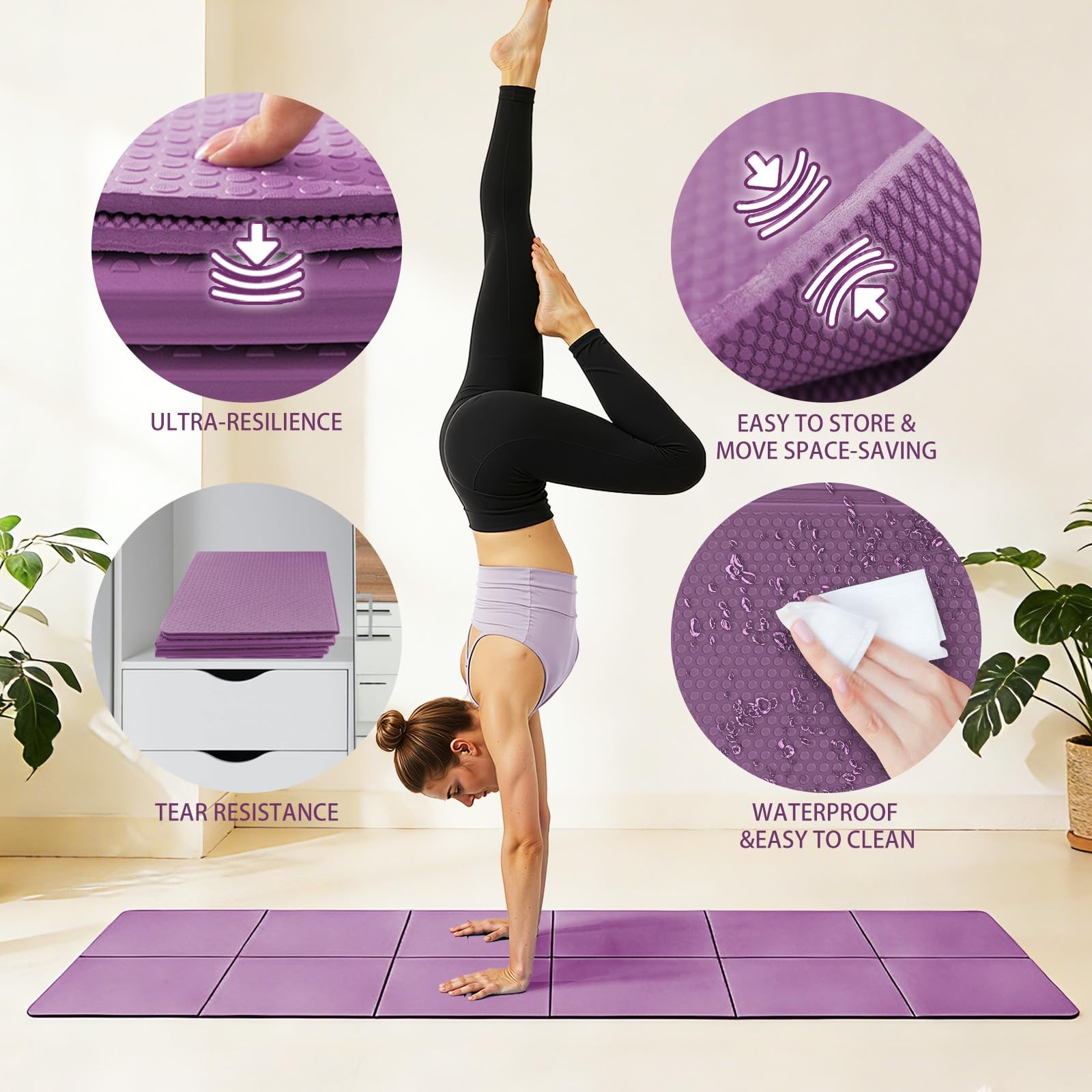 Foldable Yoga Mat Thick NonSlip Packable Travel Fitness Mat With Carry Bag