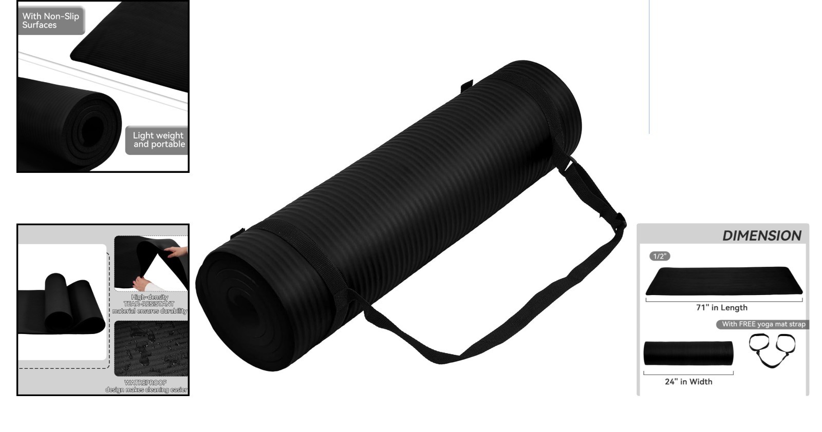 Non-Slip Yoga Mat, 71″ x 24″ – Anti-Tear, Moisture Resistant & Portable
