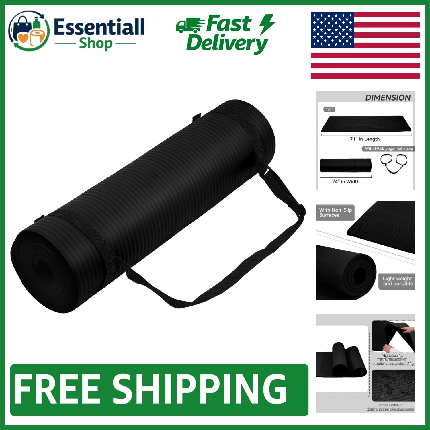 Non-Slip Yoga Mat, 71″ x 24″ – Anti-Tear, Moisture Resistant & Portable