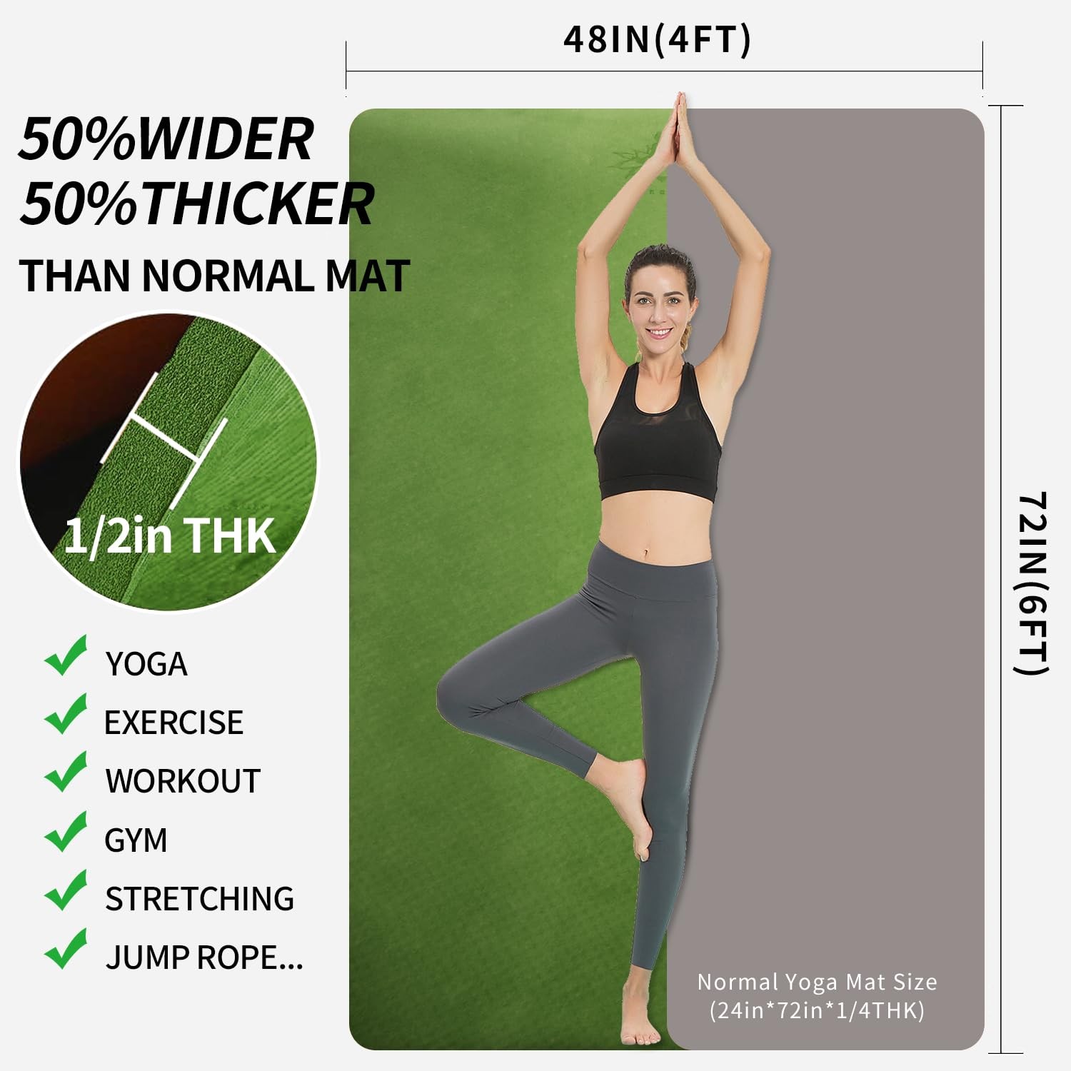 Large TPE Yoga Mat 6’x4’x1/2″ Extra Thick Non-Slip Exercise Mat – for Yoga Pi…