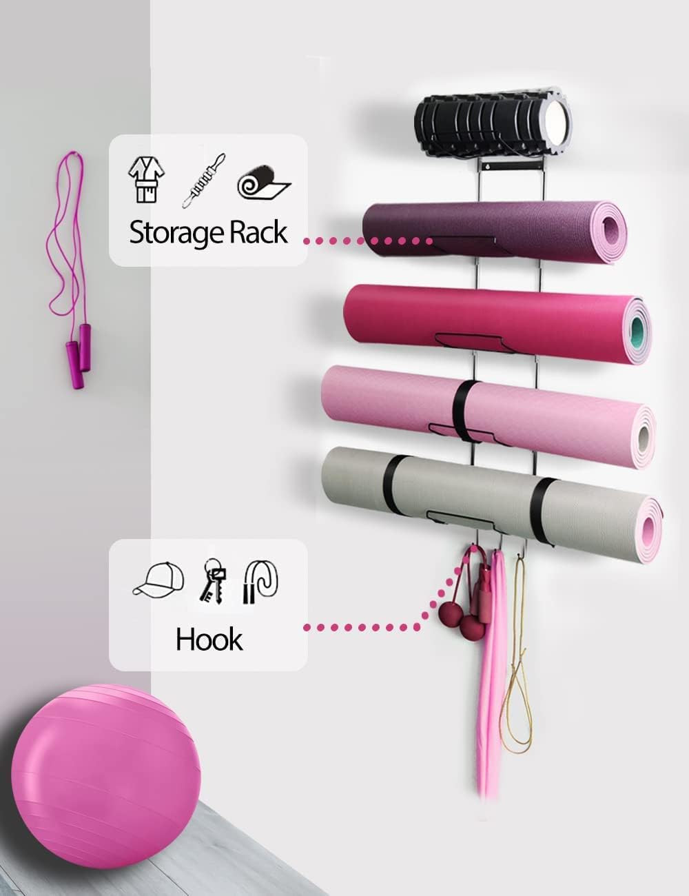 5-Tiers Yoga Mat Holder Wall Mount, Metal Storage Rack for Yoga Mat/Wheels, Foam