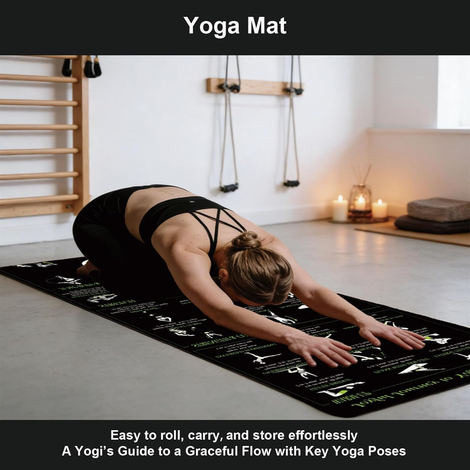 Portable Non-Slip Yoga Mat with Poses, Resistance Bands & Jump Rope Included