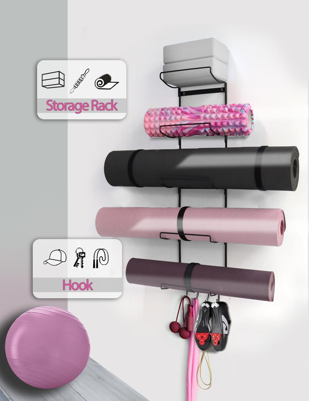 5-Tier Yoga Mat Wall Rack with Hooks for Accessories and Foam Rollers