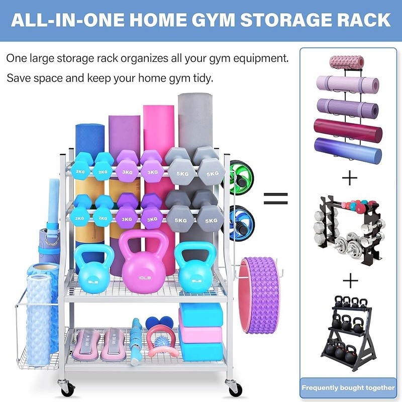 All in One Home Gym Storage Rack Yoga Dumbbells Kettlebells Organizer Fitness US
