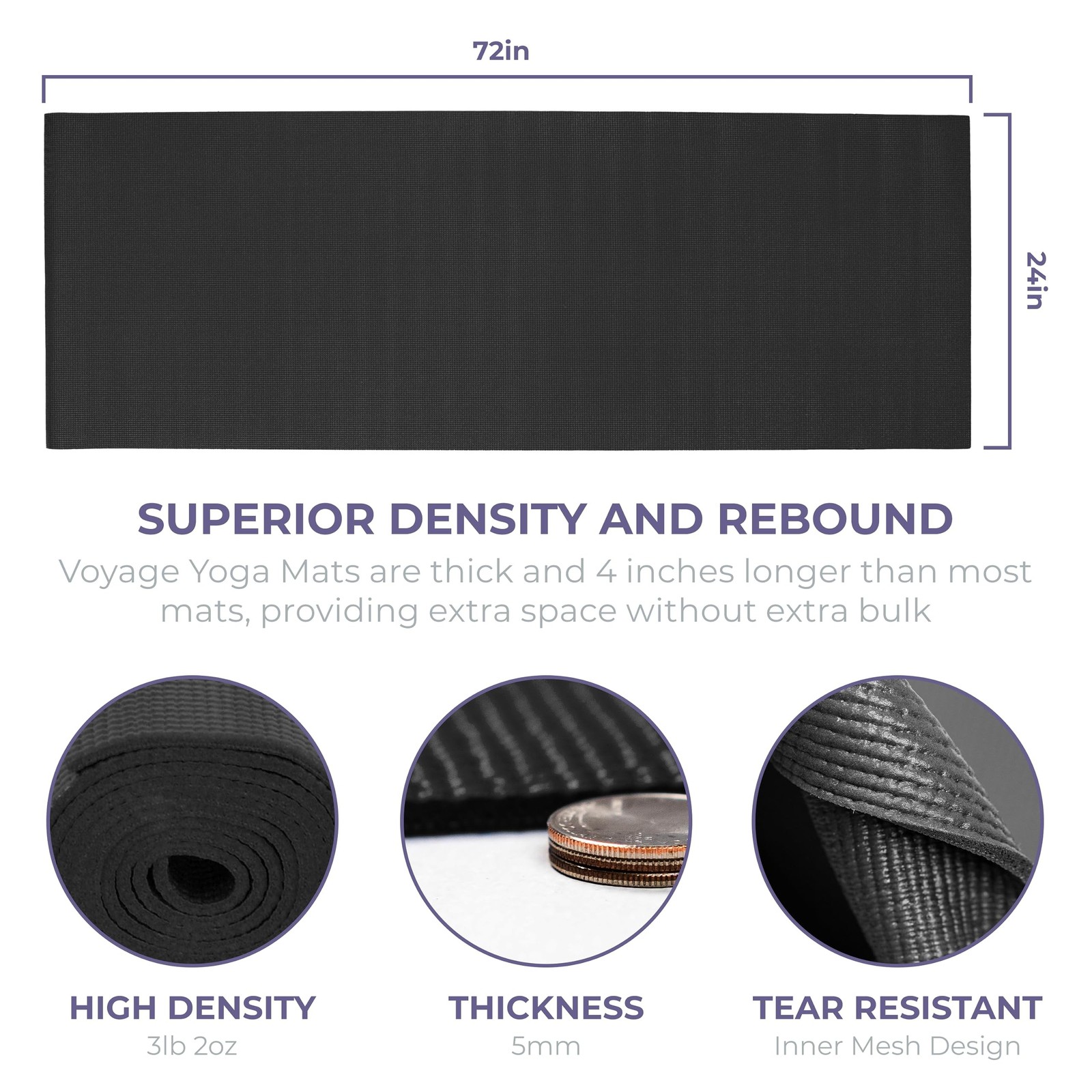 Voyage 5mm Studio Yoga Mats, 6 Pack, 72x24in Black