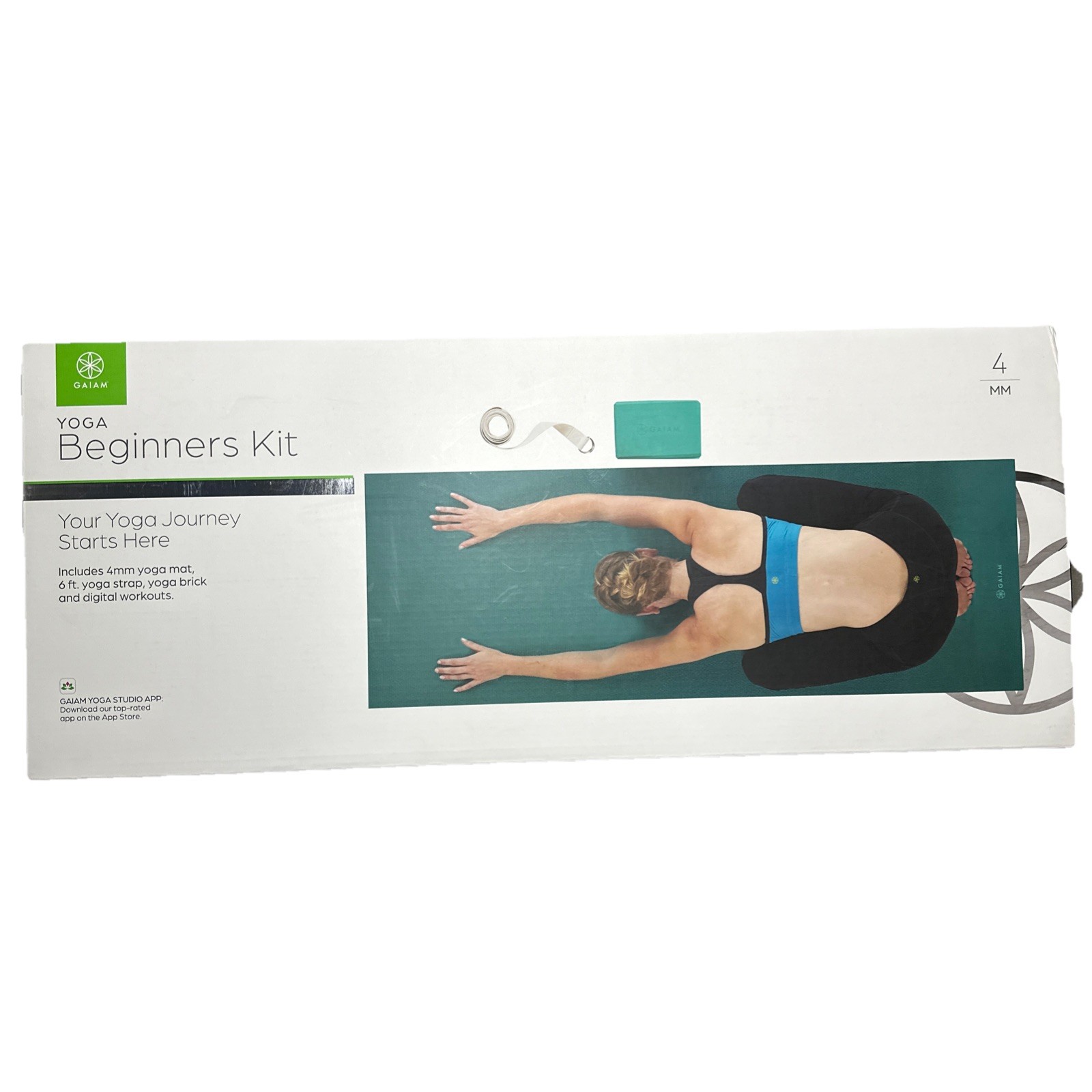 GAIAM Yoga Beginners Kit, 4mm Mat, Brick & Strap, NEW In Box, Blue