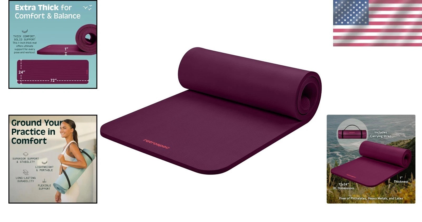 Boysenberry Solana Yoga Mat 1″ Thick – Durable Non-Slip Exercise Mat with Strap