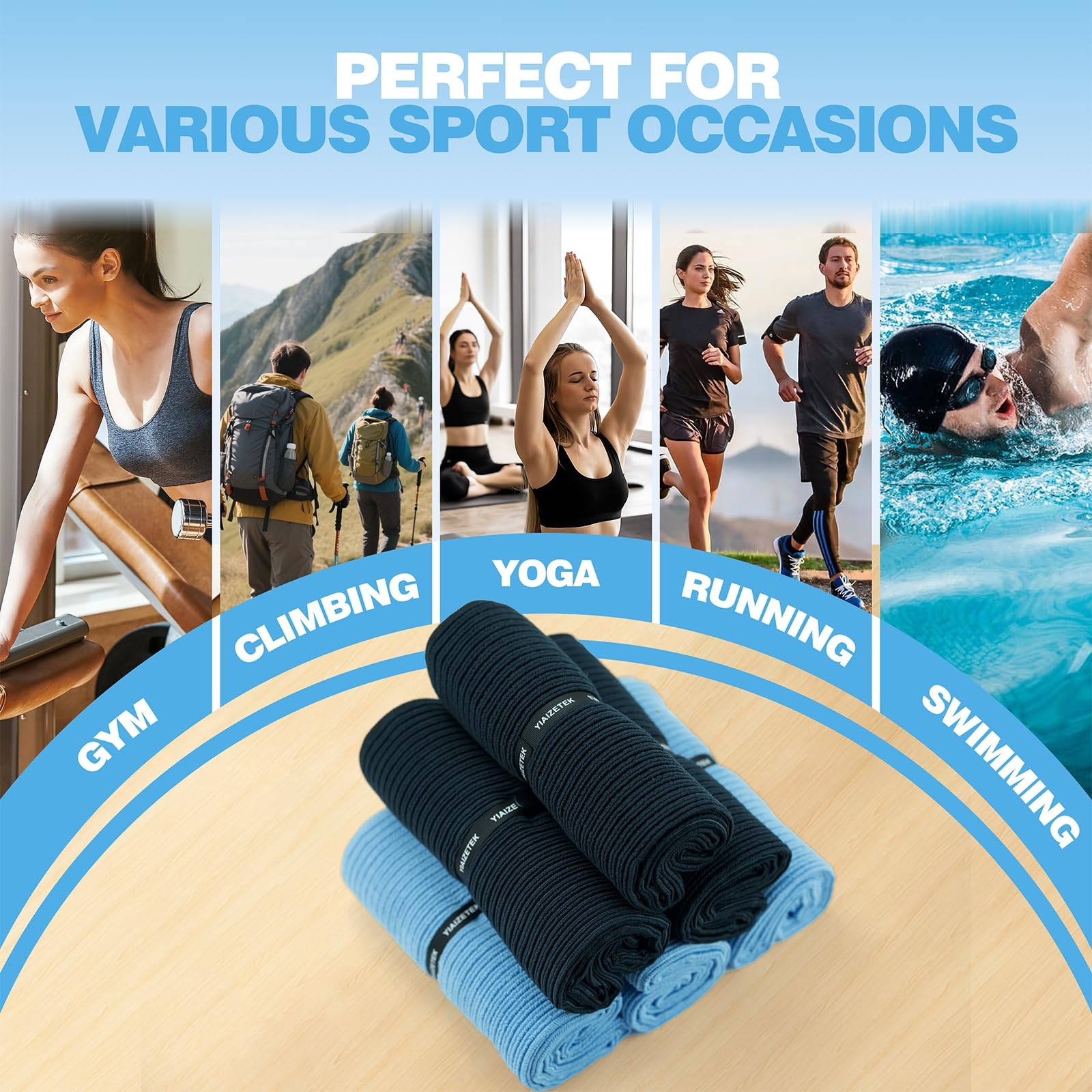 Microfiber Gym Towels with Snap Straps, Yoga Towel for 16″ x 28″, Grey/Blue
