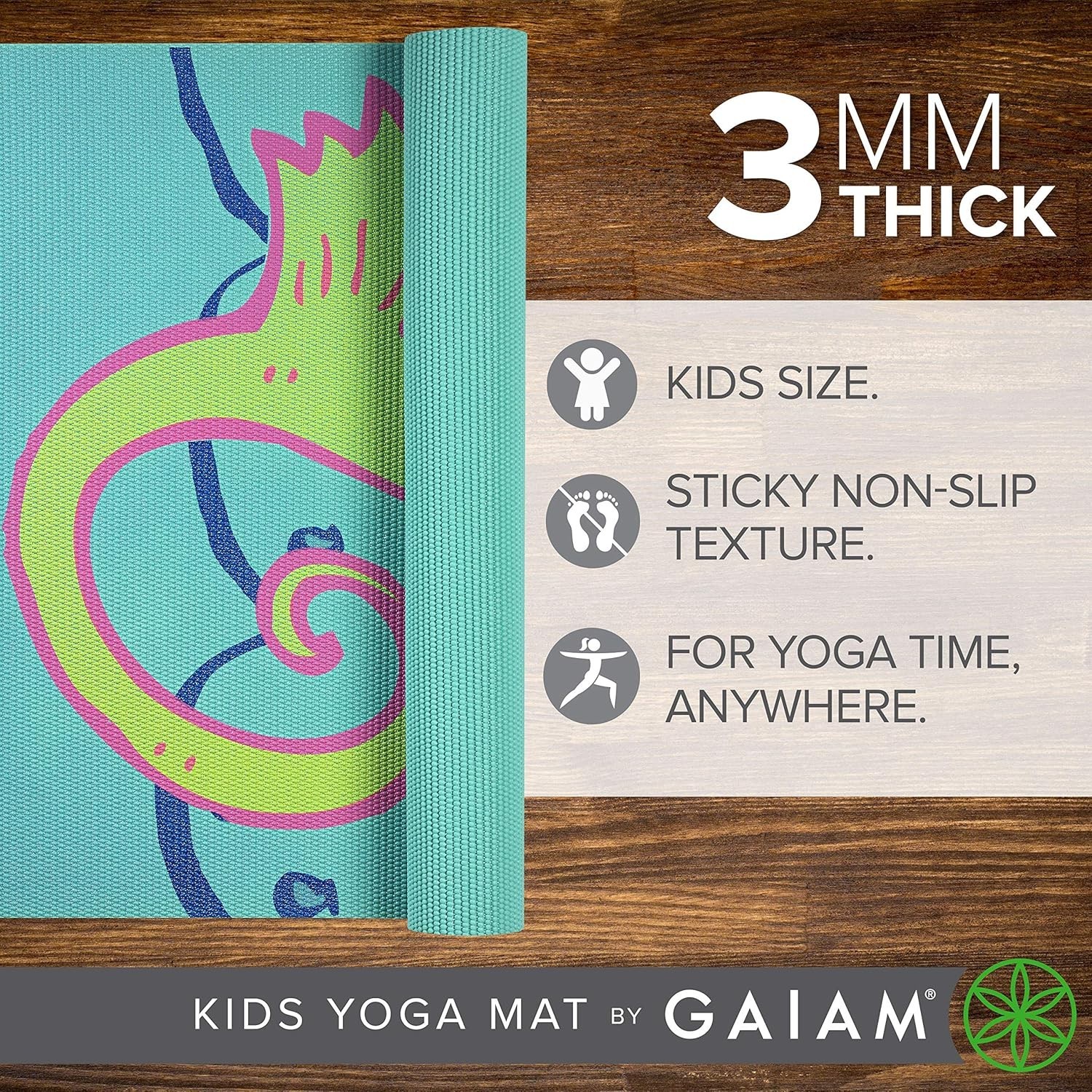 Gaiam Kids Yoga Mat 60×24 Non Slip Exercise Play Mat 3mm Thick for Toddlers